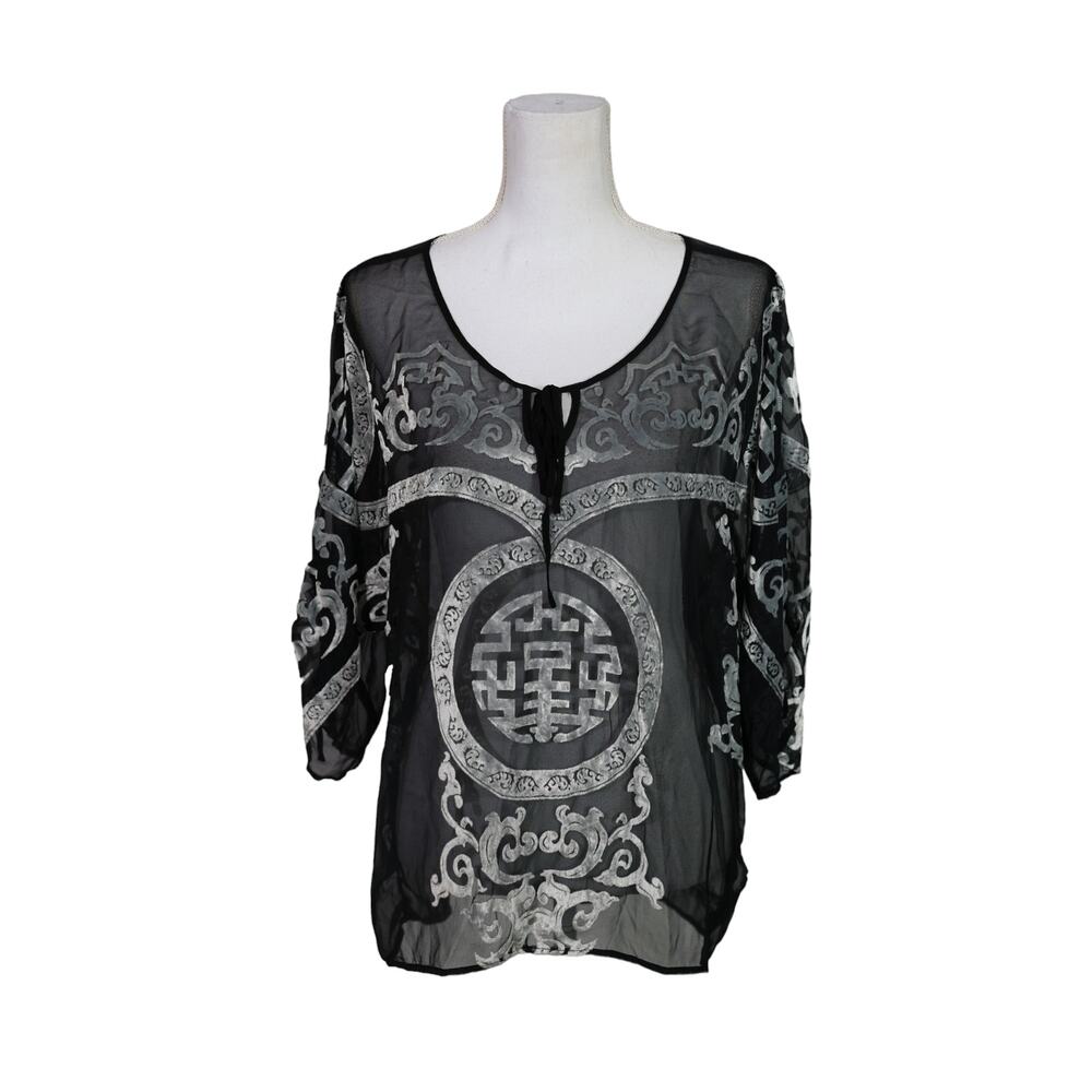 Traveler's by Chico's‎ Shear black bouse top size large 2 all over pattern